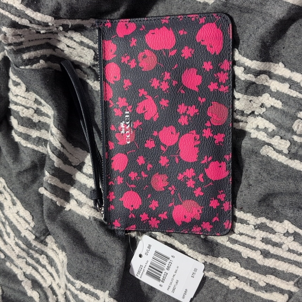 Coach Leather Navy & Pink Spring Floral Zippered Wristlet NWT